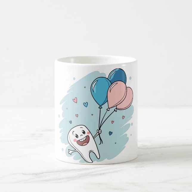 Joyful Cartoon Tooth with Balloons – Dental Health Coffee Mug (Center)