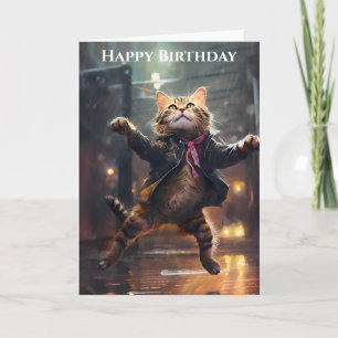 Joyful Cat Dancing In The Rain Birthday Card