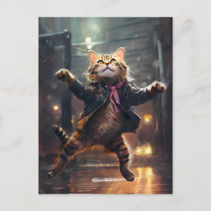 Joyful Cat Dancing In The Rain Postcard