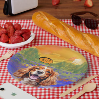 Joyful Cavalier King Charles Spaniel in Watercolo  Paper Plate