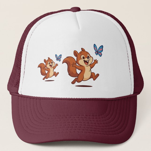 Joyful Chase – Happy Squirrel & Butterfly Trucker Hat (Front)