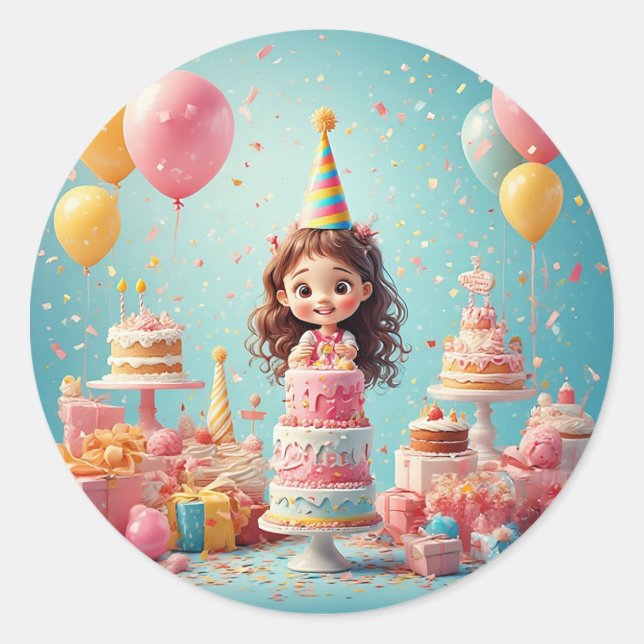 Joyful Child Celebrating Birthday with Cake Classic Round Sticker (Front)