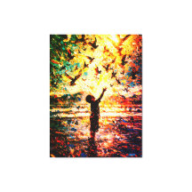 Joyful Child Playing with Birds Sunrise Water