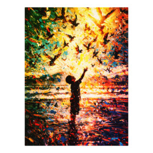 Joyful Child Playing with Birds Sunrise Water Photo Print
