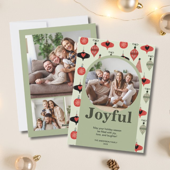 Joyful Christmas 4 Family Photo Collage Green Arch Holiday Card (Joyful Christmas 4 Family Photo Collage Green Arch Holiday Card)