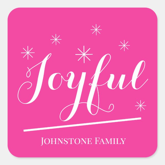 Joyful Christmas Add Your Name Modern Pink Cute Square Sticker (Front)