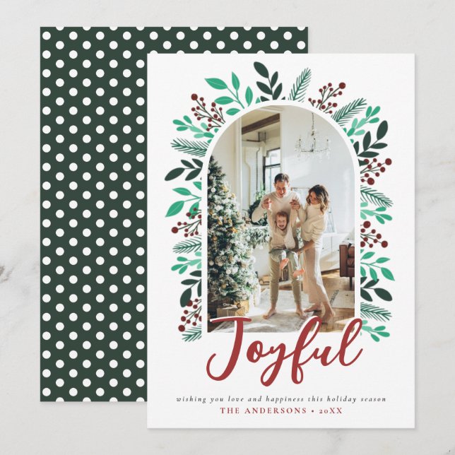 Joyful Christmas Arch Berries Foliage Photo Green Holiday Card (Front/Back)