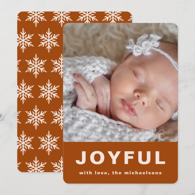 Joyful Christmas Burnt Orange Snowflake Photo Holiday Card (Front/Back)