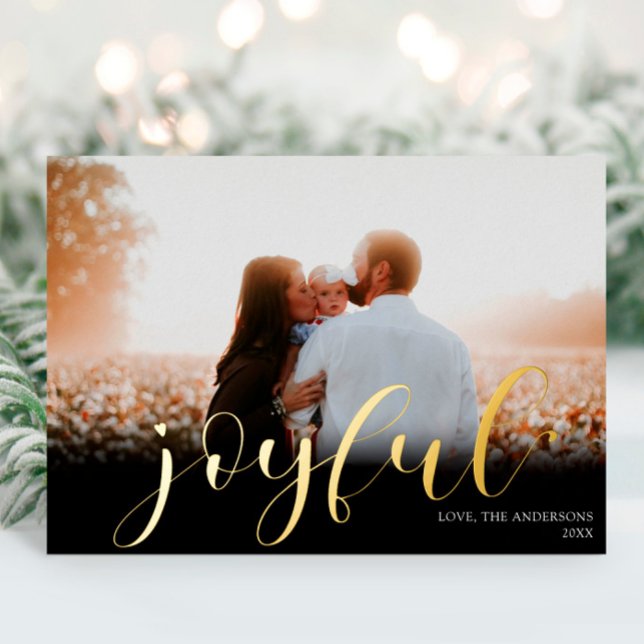Joyful Christmas Elegant black gold foil photo Foil Holiday Card (Creator Uploaded)