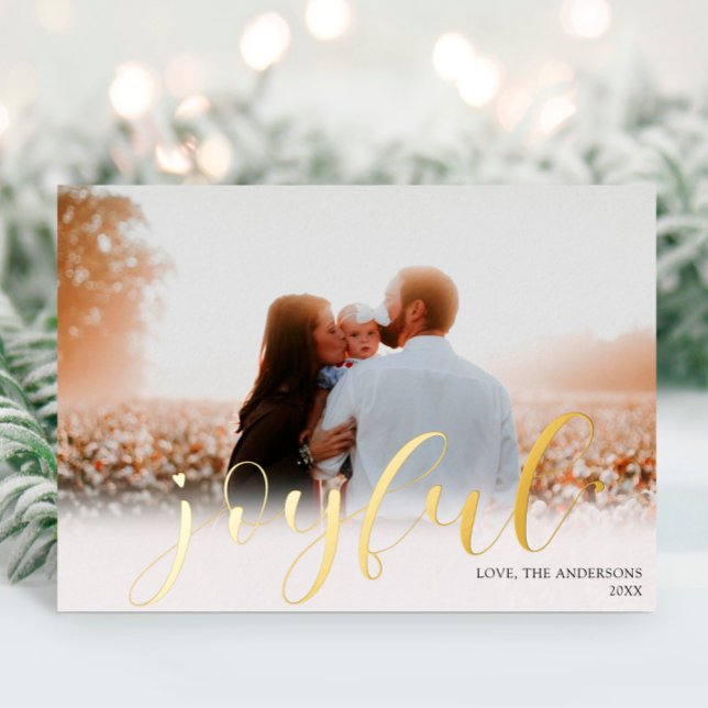 Joyful Christmas Elegant white gold foil photo  Foil Holiday Card (Creator Uploaded)