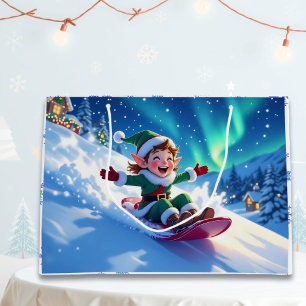 Joyful Christmas Elf Sledding  Large Gift Bag