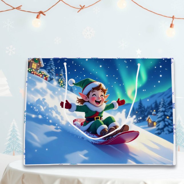 Joyful Christmas Elf Sledding  Large Gift Bag (Creator Uploaded)
