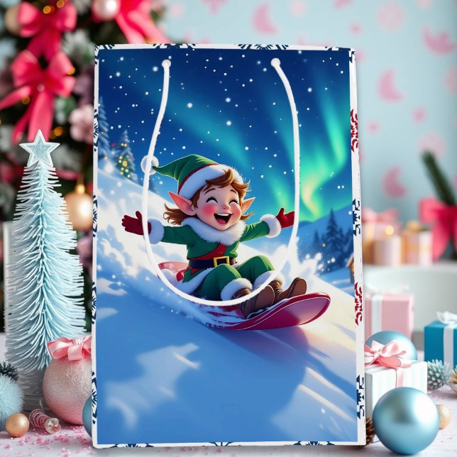 Joyful Christmas Elf Sledding  Medium Gift Bag (Creator Uploaded)
