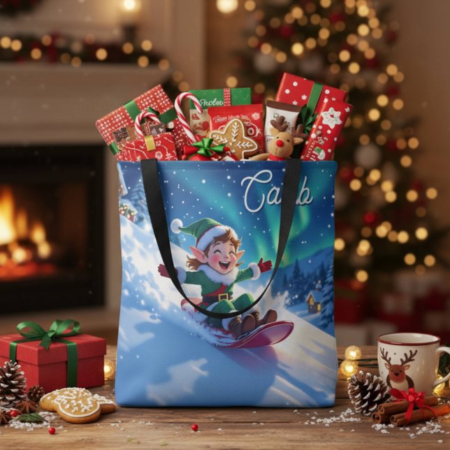 Joyful Christmas Elf Sledding  Tote Bag (Creator Uploaded)