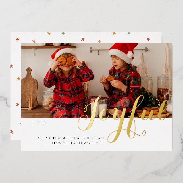 Joyful Christmas Family Photo Modern Script Foil Holiday Card (Front/Back)
