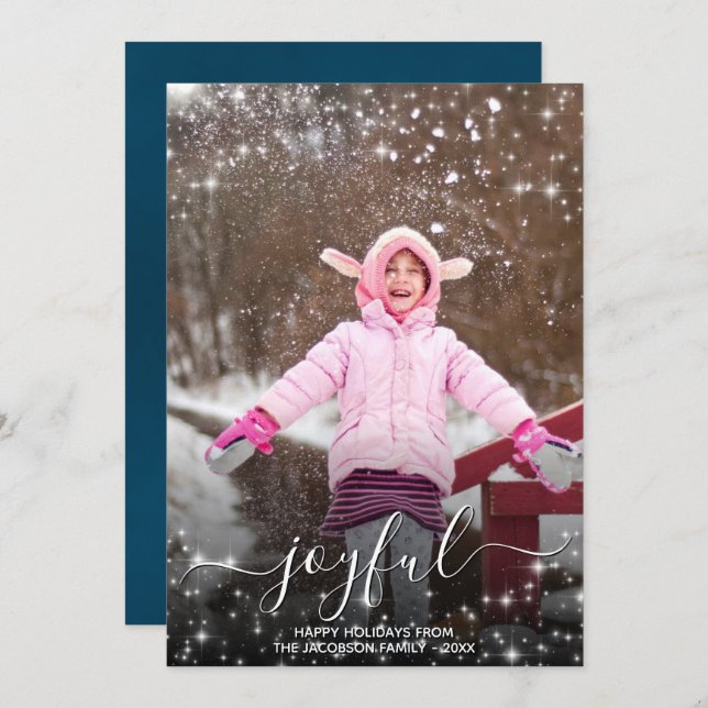 Joyful Christmas Festive Stars Photo Blue Holiday Card (Front/Back)