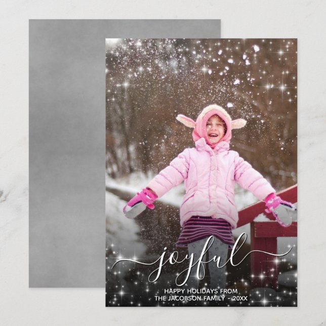 Joyful Christmas Festive Stars Photo Grey Holiday Card (Front/Back)