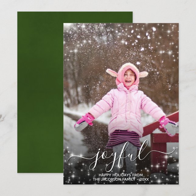 Joyful Christmas Festive Stars Photo Overlay Green Holiday Card (Front/Back)