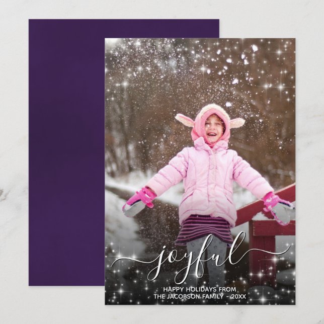 Joyful Christmas Festive Stars Photo Purple Holiday Card (Front/Back)