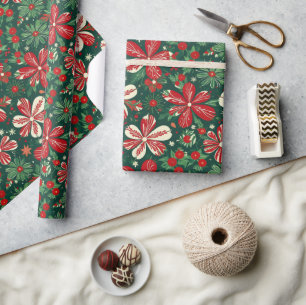 Joyful Christmas Flowers and Stars Wrapping Paper