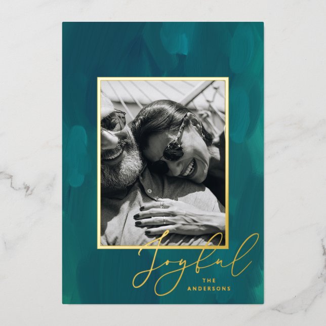 Joyful Christmas. Gold abstract green oil brush Foil Holiday Card (Front)