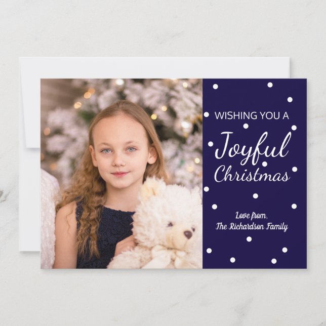 Joyful Christmas Navy Four Holiday Photos Card (Front)