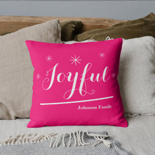 Joyful Christmas Personalised Family Name Hot Pink Cushion
