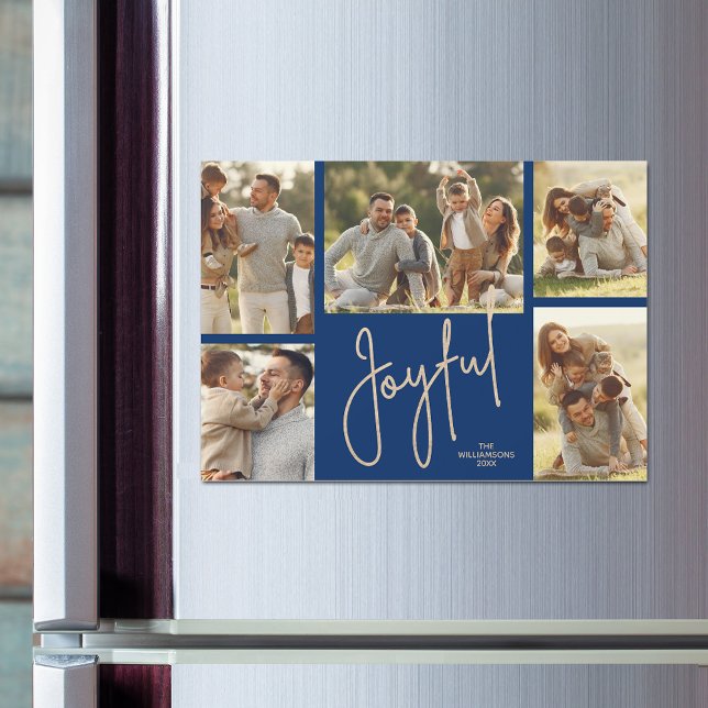 JOYFUL Christmas Photo Collage Magnetic Cards (JOYFUL on blue Christmas photo collage holiday magnetic cards)