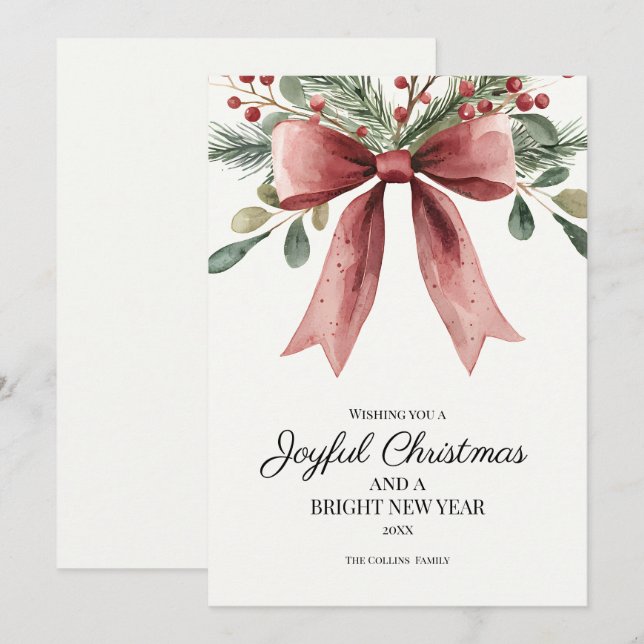 Joyful Christmas Red Elegant Watercolor Bow Holiday Card (Front/Back)
