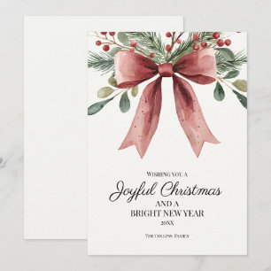 Joyful Christmas Red Elegant Watercolor Bow Holiday Card