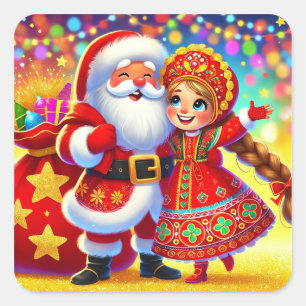 Joyful Christmas Scene Featuring Santa Square Sticker
