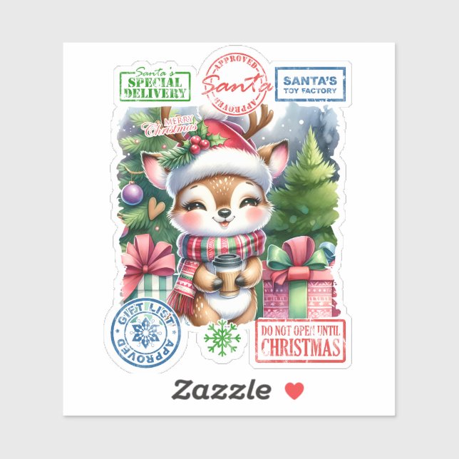 Joyful Christmas Sticker Depicting a Festive Deer (Sheet)