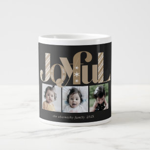 Joyful Christmas Three Photo Black Gold Large Coffee Mug