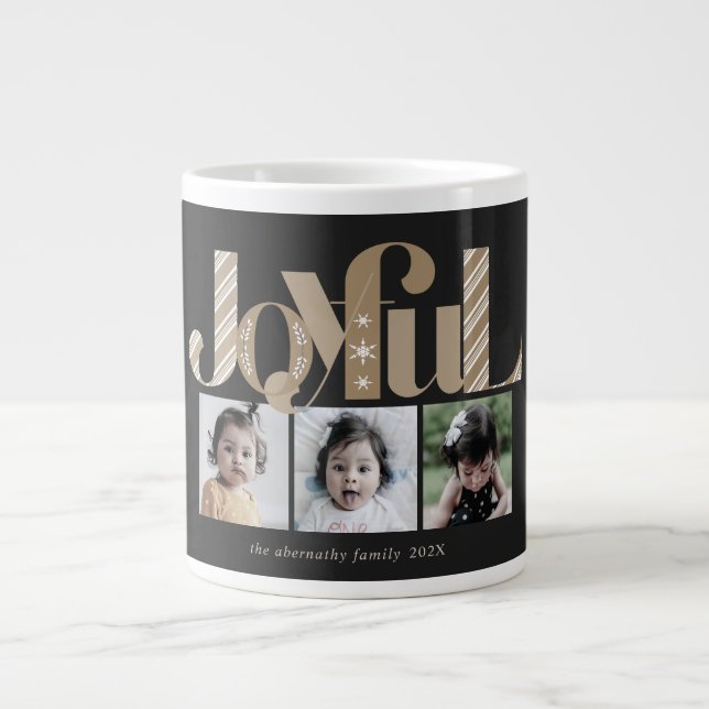 Joyful Christmas Three Photo Black Gold Large Coffee Mug (Front)