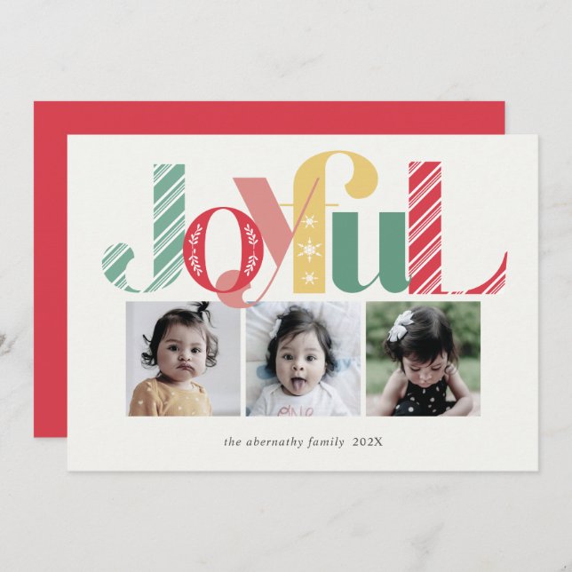 Joyful Christmas Three Photo Bright Colours Holiday Card (Front/Back)