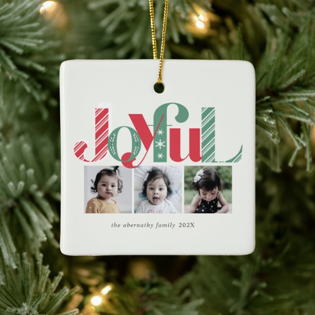 Joyful Christmas Three Photo Red Green Ceramic Ornament (Tree)