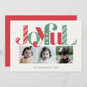 Joyful Christmas Three Photo Red Green Holiday Card