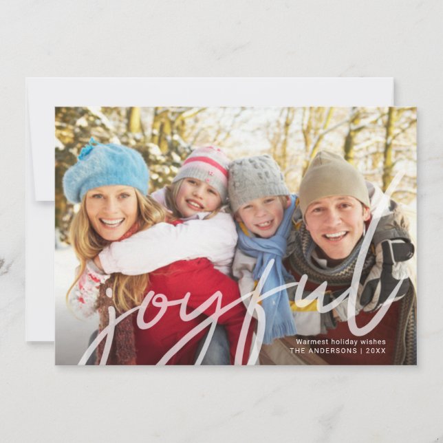 Joyful Christmas Trendy Handwriting Script Photo Holiday Card (Front)