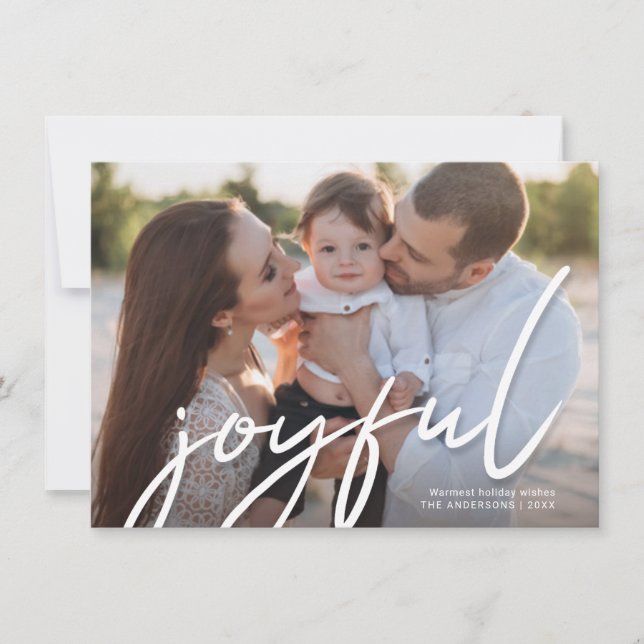 Joyful Christmas Trendy Handwriting Script Photo Holiday Card (Front)