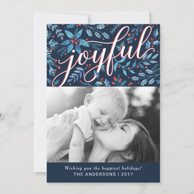 Joyful Christmas Watercolor Foliage Holiday Photo (Front)