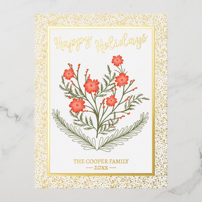 Joyful Christmas Winter Floral Gold Glitters Foil Holiday Postcard (Front)