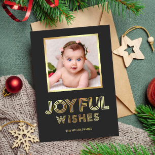 Joyful Christmas Wishes Grey and Gold Photo Holiday Card