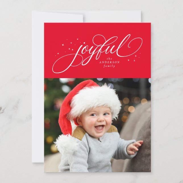 Joyful classic Christmas photo red Holiday Card (Front)