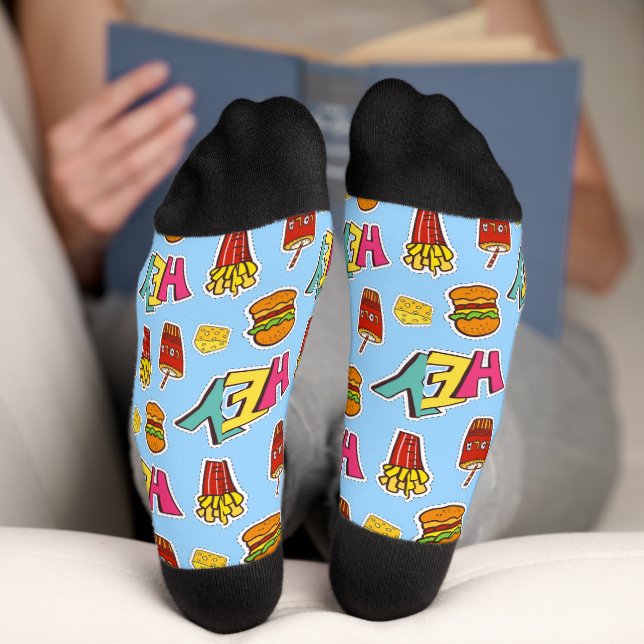Joyful colours fun food pattern Hamburger Blue Socks (Bottom)