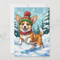 Joyful Corgi Dog Bouncing in Snow with Pom Pom