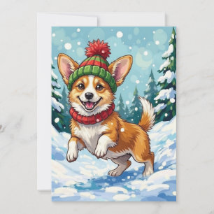 Joyful Corgi Dog Bouncing in Snow with Pom Pom Holiday Card