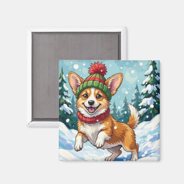 Joyful Corgi Dog Bouncing in Snow with Pom Pom Magnet (Front/Back)