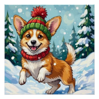 Joyful Corgi Dog Bouncing in Snow with Pom Pom