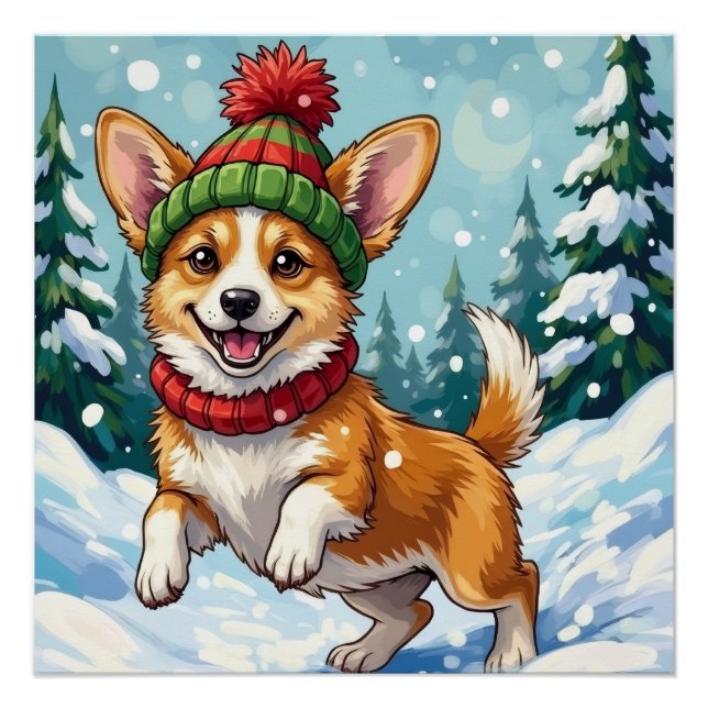 Joyful Corgi Dog Bouncing in Snow with Pom Pom Poster (Front)