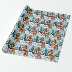 Joyful Corgi Dog Bouncing in Snow with Pom Pom Wrapping Paper